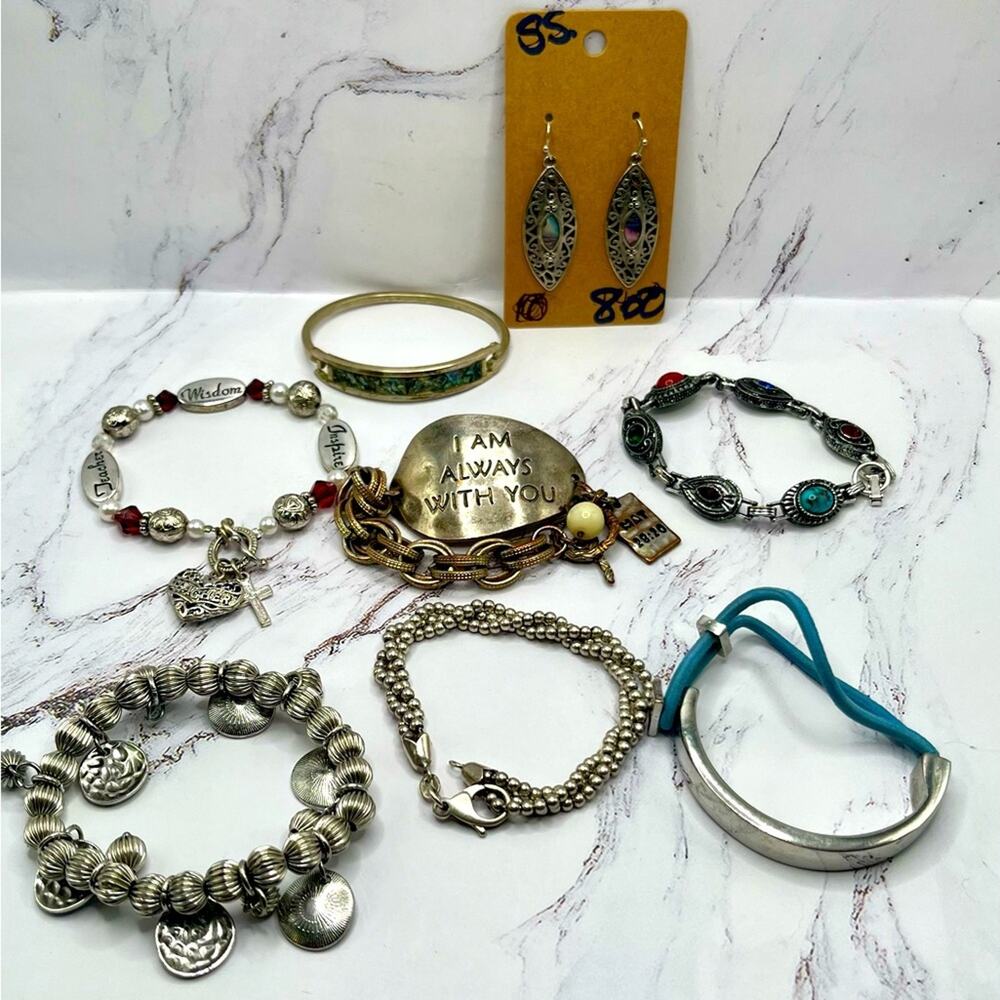 Set of 7 silver tone bracelets with 1 pair teardrop earrings